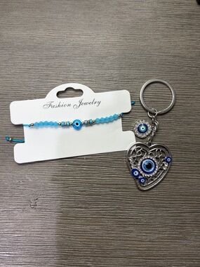 Evil Eye Heart Keychain & Beaded Bracelet Set - Blue - fashion jewellery